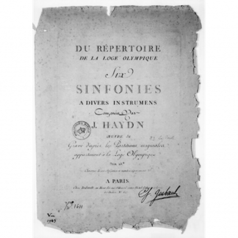 Joseph Haydn, ‘Page de titre du conducteur des Symphonies parisiennes’, Gallica (BnF), Imprimé à Paris : chez Imbault, FRBNF39786529, 1788, https://gallica.bnf.fr/ark:/12148/btv1b9063387v.r=Haydn%2C%20Joseph