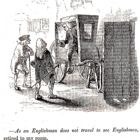 Wood engraving of a man exiting a carriage, observed by two other men