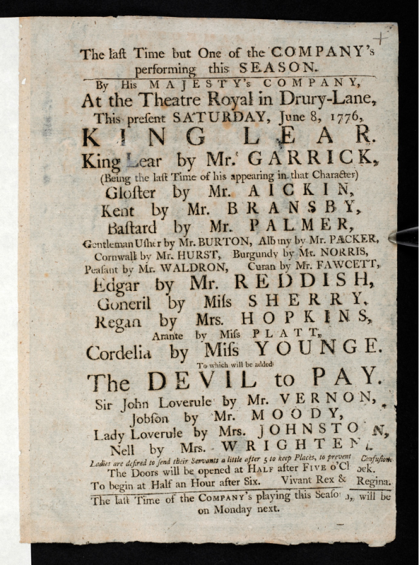 Charles Burney [collector], ‘Burney Collection. ‘Theatrical Register.’ A collection of playbills of London theatres, chiefly of Drury Lane, Covent Garden and the Haymarket’, British Library, 937.b-e, 1774-1777. 