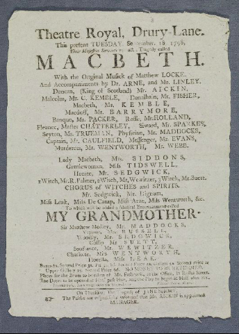 ‘Theatre Royal, Drury-Lane. This present Tuesday, September 18, 1798, Their Majesties Servants will act the tragedy called Macbeth : with the original musick of Matthew Locke. And accompaniments by Dr.Arne, and Mr. Linley … Mr. Aickin … Mr. C. Kemble’, Yale University Library, Lewis Walpole Library, 767 P69BD841798, [1798], https://hdl.handle.net/10079/digcoll/2782263