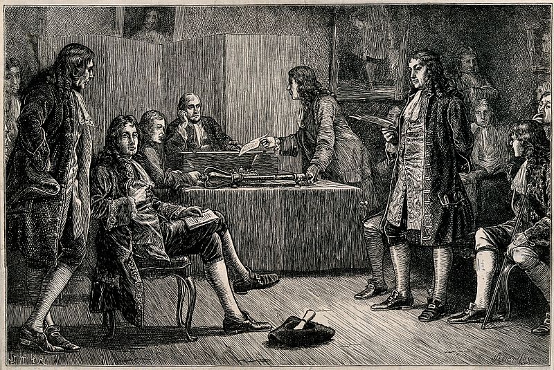 Royal Society, Crane Court, off Fleet Street, London: a meeting in progress, with Isaac Newton in the chair, 1883