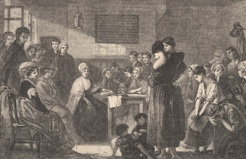 Barrett, Jerry, ‘Wood engraving of Elizabeth Gurney Fry reading to prisoners in Newgate Prison, London’, Wikimedia Commons, circa 1860s.