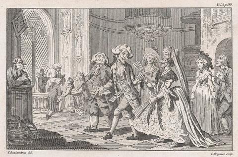 "The Wedding of Lismahago and Tabitha",  from Tobias Smollett's The Expedition of Humphry Clinker (London, 1793), Vol. 1. 1793.