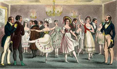 ‘Premieres danseuses and their admirers in the Green Room of the King's Theatre Opera House’,1822, Mary Evans Picture Library, 4220-21915208.