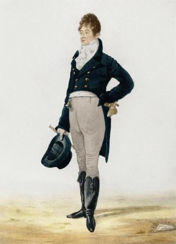 Richard Dighton, ‘Beau Brummell’, Wikimedia Commons, Watercolour, 1805, scanned from Priestley’s The Prince of Pleasure by H. Churchyard.