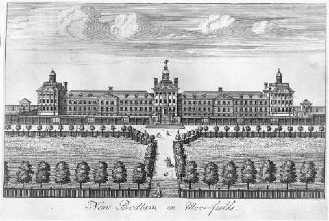 Robert Hooke, ‘The Hospital of Bethlem [Bedlam] at Moorfields, London: seen from the north, with people walking in the foreground’, Wellcome Collection Gallery, 25642i, about 1750.