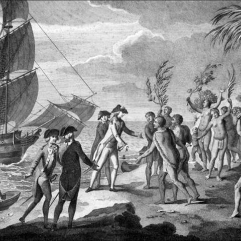 Captain Cook's ship 'Endeavour' arriving at Matavai Bay, Tahiti, on April 13, 1769. Engraving by Antonio Zatta, based on a painting by fellow Italian artist Pietro Antonio Novelli.