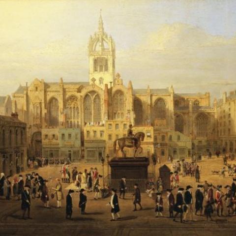 Parliament Close and Public Characters of Edinburgh 50 years Since, attributed to John Kay (1742-1826)