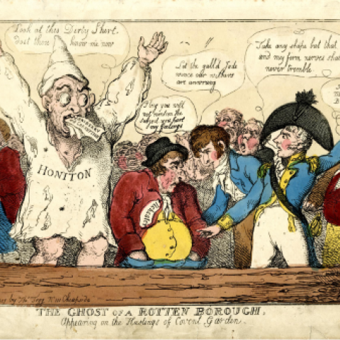 Thomas Rowlandson, ‘The ghost of a rotten borough, appearing on the hustings of Covent Garden’, The British Museum, 1948,0214.708, 1807.
