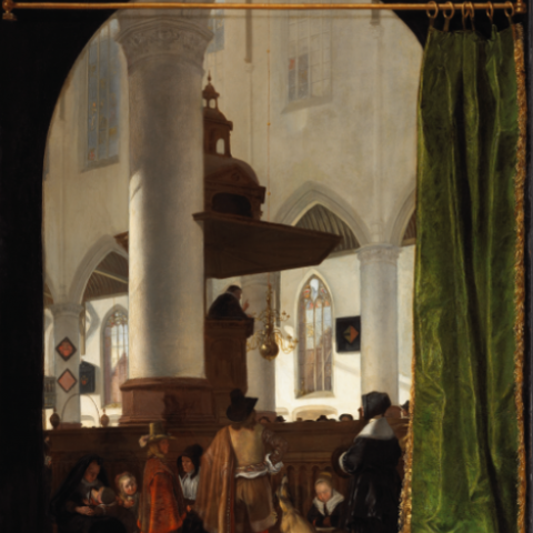 Emanuel de Witte, 'A Sermon in the Old Church in Delft', c. 1650 oil on oak, 73.2 x 59.5 cm. Purchased 1983 with the assistance of a grant from the Government of Canada under the terms of the Cultural Property Export and Import Act. National Gallery of Canada, Ottawa. Photo: NGC.