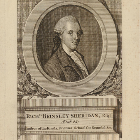 ‘Portrait of Richard Brinsley Sheridan, aged 25, bust to right, looking at the viewer, hair curled at the ears and tied in a queue, oval frame with bow on top, on pedestal with laurel’, 1777, © The Trustees of the British Museum, 1837,0513.11.