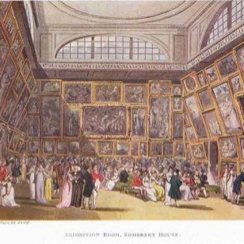 Thomas Rowlandson and Augustus Pugin, ‘The Exhibition Room at Somerset House’, Wikimedia Commons, 1808.