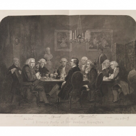 D. George Thompson published by Owen Bailey, stipple and line engraving, 'A literary party at Sir Joshua Reynolds's', © National Portrait Gallery. NPG D14518, 1851.