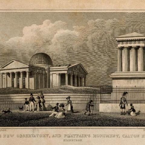 Thomas Hosmer Shepherd, ‘The monument to John Playfair (right) and the New Observatory (left) on Calton Hill, Edinburgh. Line engraving by A. Cruse after T. H. Shepherd.’, Wellcome Collection, 7887i, 1973. 