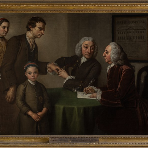 William Hoare, ‘Dr Oliver and Mr Pierce examining patients with paralysis, rheumatism and leprosy’, 1761, WikiCommons.