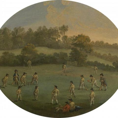 After Francis Hayman, 'A Game of Cricket (The Royal Academy Club in Marylebone Fields, now Regent's Park)', Yale Centre for British Art, Paul Mellon Collection, B2001.2.165, c. 1790-1799.
