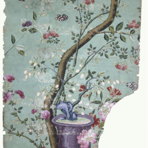 ‘Panel of Chinese wallpaper, with a green background on which is painted a purple pot in the foreground’, © Victoria and Albert Museum, London, E.3882-1915, 1775-1825.