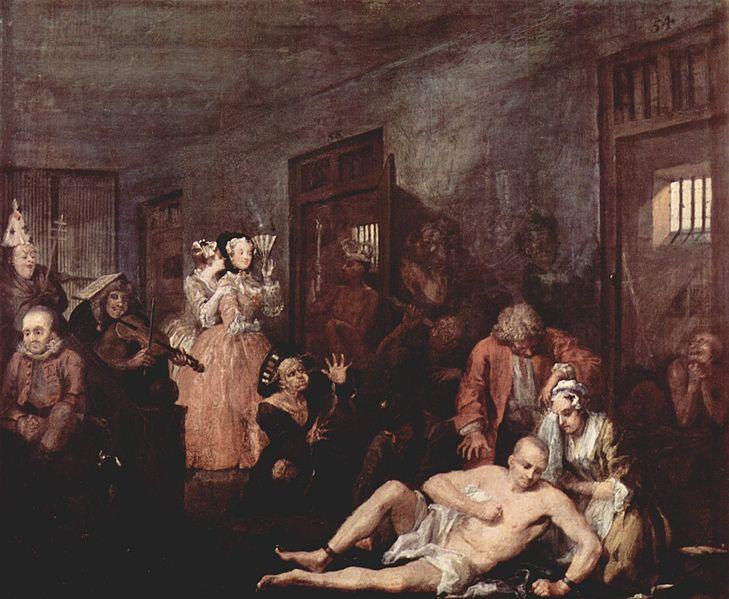 William Hogarth,   A Rake's Progress series,  "In The Madhouse" (c. 1732-1735).