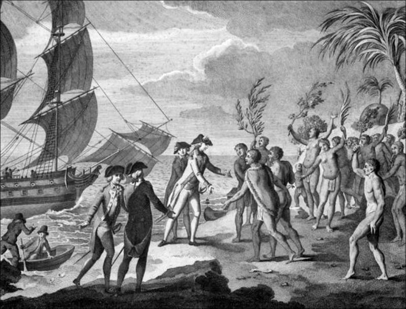 Captain Cook's ship 'Endeavour' arriving at Matavai Bay, Tahiti, on April 13, 1769. Engraving by Antonio Zatta, based on a painting by fellow Italian artist Pietro Antonio Novelli.