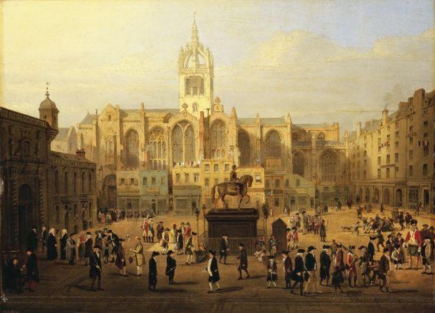 Parliament Close and Public Characters of Edinburgh 50 years Since, attributed to John Kay (1742-1826)