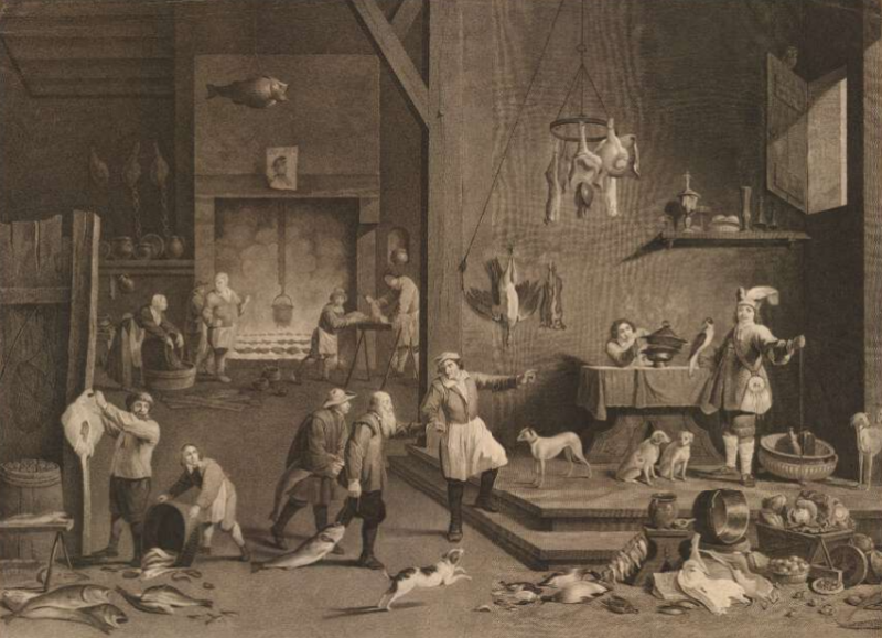 Jean Baptiste Michel and  Joseph Farington, "Teniers's Kitchen", after David Teniers the Younger. Plate 22 of Vol.1 of the 'Houghton Gallery'. 1777. The British Museum, Kk,4.24.