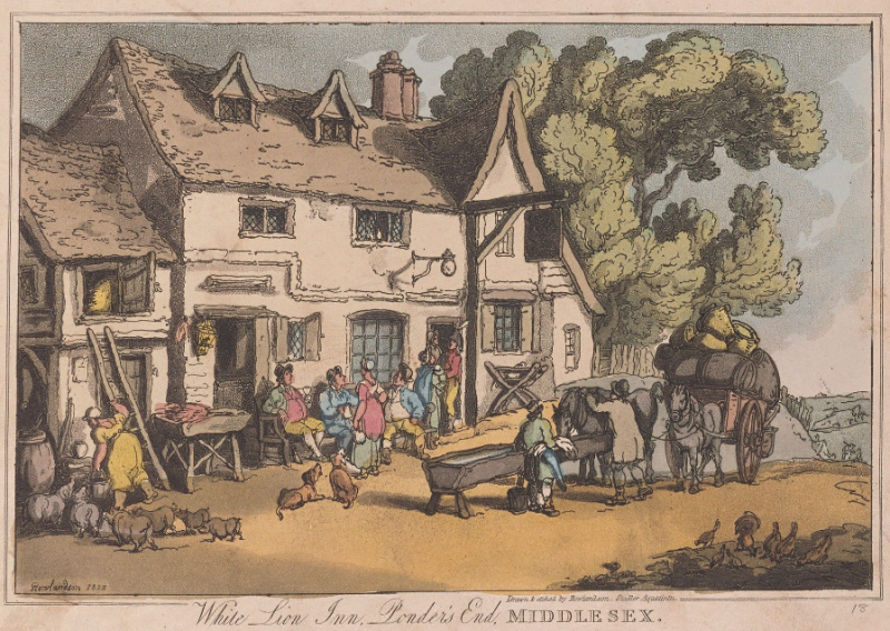"White Lion Inn, Ponder's End, Middlesex" by Thomas Rowlandson (1756-1827), 1822. Yale University Library, Auchincloss Rowlandson v. 14.