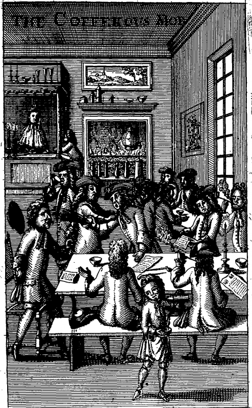 Frontispiece of The fourth part of Vulgus Britannicus: or, the British Hudibras. Printed: and sold by James Woodward, in St. Christopher's Church-Yard, near the Royal Exchange; and John Morphew, near Stationers-Hall (London), 1710.