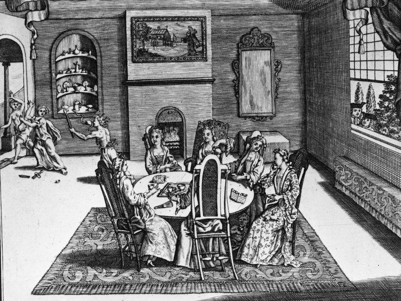 A satire of women's social discourse in the Queen Anne period showing six women taking tea in a parlor. Circa 1710