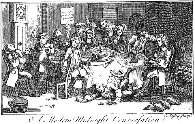 frontispiece, after Hogarth, of Edward Ward, A Compleat and humorous account of all the remarkable clubs and societies in the cities of London and Westminster, Compil'd from the original papers of a gent., 1745 