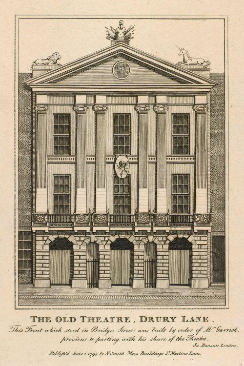 Smith, N., ‘The Old Theatre, Drury Lane, this front which stood in Bridges Street, was built by order of Mr. Garrick, previous to parting with his share of the Theatre [graphic]’, Folger Shakespeare Library, 27762, 1794.