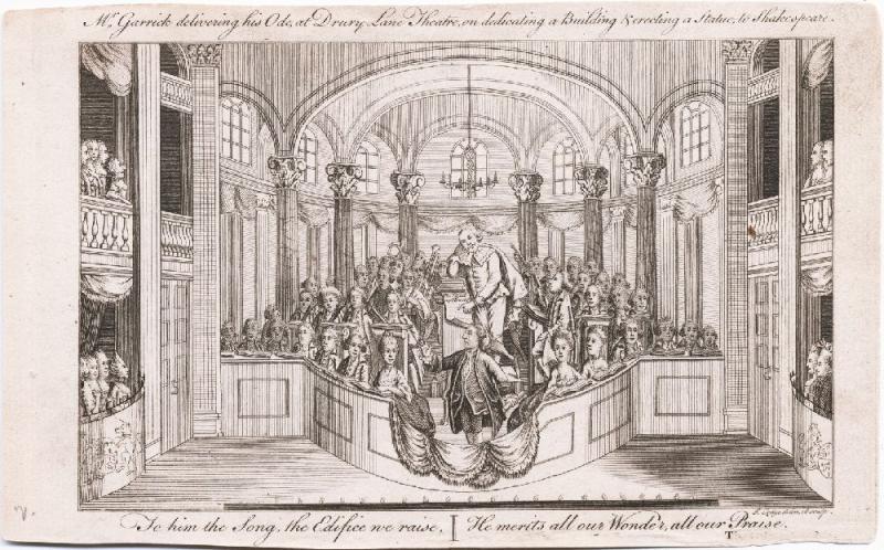 John Lodge, ‘Mr. Garrick delivering his Ode at Drury Lane Theatre on dedicating a building & erecting a statue to Shakespeare [graphic]’, Yale University Library, Lewis Walpole Library, 770.09.00.06, [1770?].