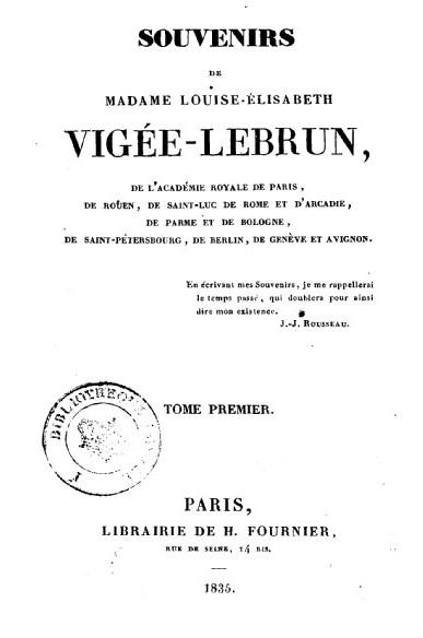 Front cover of Elisabeth Vigée Le Brun’s Souvenirs (Paris, Fournier, vol. 3, 1837). Source: Gallica BnF.