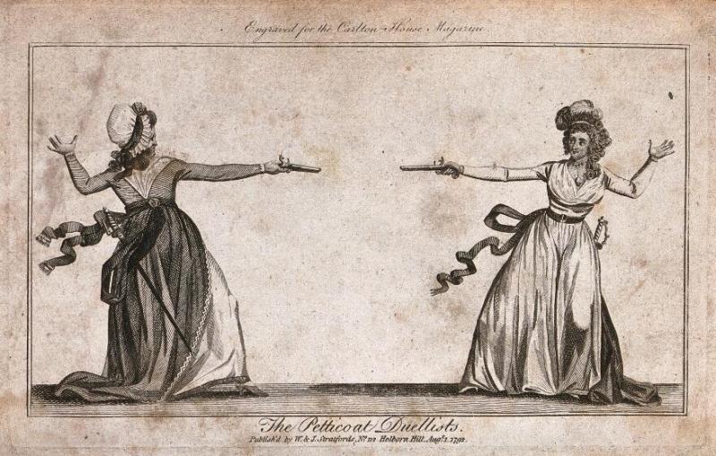‘The Petticoat Duellists [Two ladies duelling with pistols]’, Wellcome Collection, 568670i, 1792.