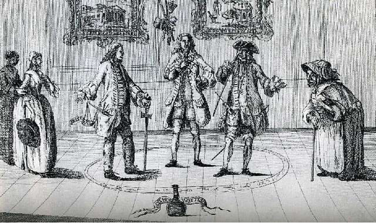 Lady Fanny Killigrew, ‘The Conjurers’, 1753. Depicting (from left to right), Elizabeth Canning, Henry Fielding, Sir Crisp Gascoyne, John Hill and Mary Squire. Plate 63 of Martin Battestin and Ruthe Battestin, Henry Fielding: A Life (London: Routledge, 1993). Currently in the British Museum, Prints and Drawings.