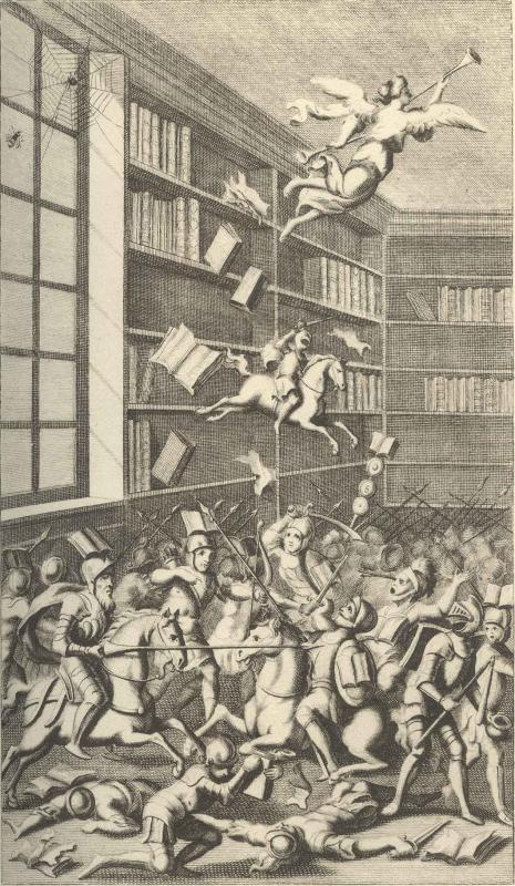Jonathan Swift, ‘Frontispiece to the fifth edition of The Battle of the Books’, 1710 [1704],  WikiCommons, https://en.wikipedia.org/wiki/The_Battle_of_the_Books#/media/File:Battle_of_the_Books_(woodcut).jpg