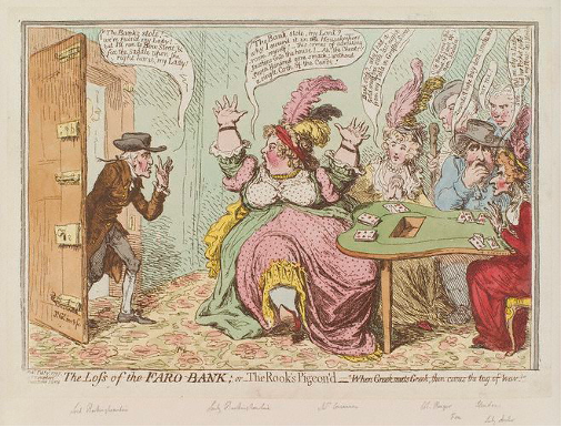 James Gillray, ‘The Loss of the Faro Bank; or—the Rook's Pigeon'd’, 1797, © National Portrait Gallery, London, NPG D12595