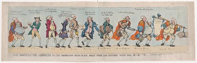 Thomas Rowlandson, ‘The Rochester Address or The Corporation Going To Eat Roast Pork and Oysters with the R-G-T’, Met Museum, 59.533.303, 1789. 
