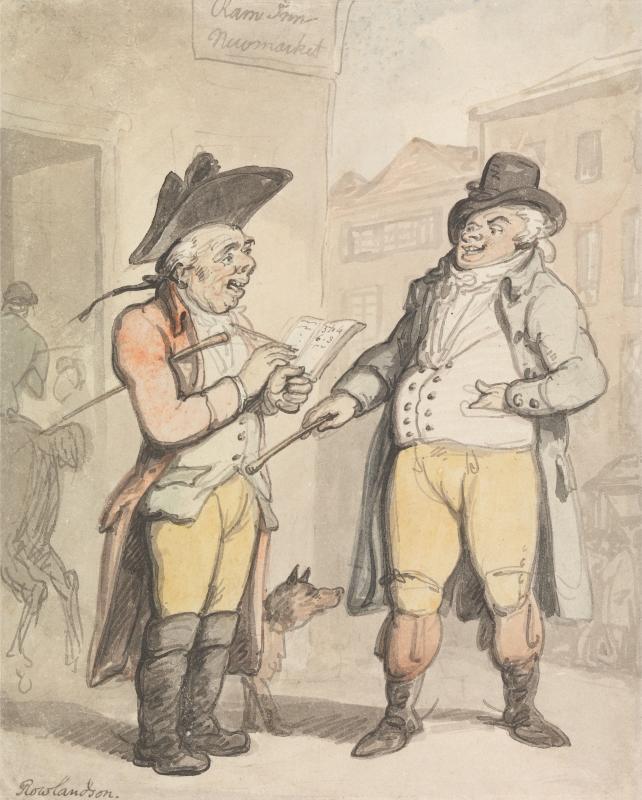 Thomas Rowlandson, ‘The Bookmaker and his Client outside the Ram Inn, Newmarket’, Yale Center for British Art, Paul Mellon Collection, B1977.14.327, undated.