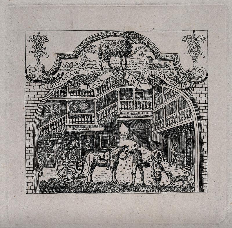 William Hogarth, ‘A coach stopping in the courtyard of John Shaw’s “Ram Inn” in Cirencester’, Welcome Collection, 39246i, 1790s.