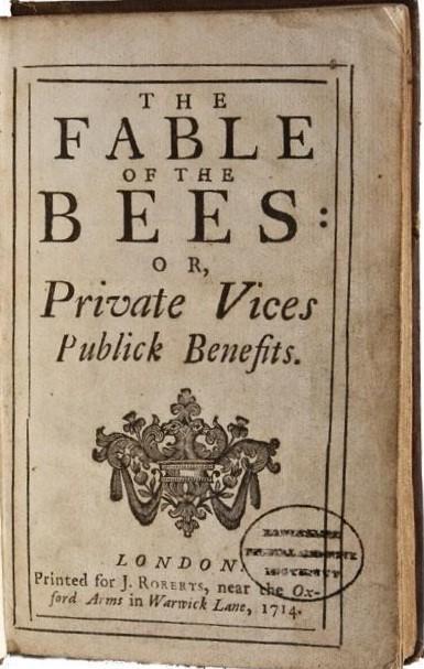 ‘Title page of Bernard Mandeville’s Fable of the Bees’, Wikimedia Commons, 1714.