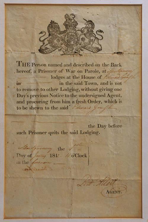 'Certificate of Prisoner of War on parole at Montgomery', Powysland Museum &amp; Montgomery Canal Centre, GTJ23569, 1 January 1812.
