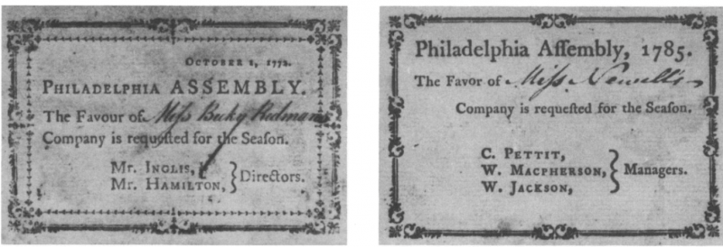‘Philadelphia Assembly tickets’, Philadelphia Dancing Assembly records, Historical Society of Pennsylvania, Am.3075 folio, 1772 and 1785.