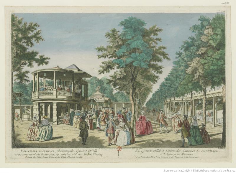 Johan Sebastian Müller, ‘Vauxhall Gardens, shewing the Grand Walk at the entrance of the garden, and the Orchestra, with the Musick playing’, Bibliothèque Nationale de France, 1755. 