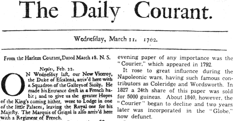 Front page of the first issue of The Daily Courant, 11 March 1702.
