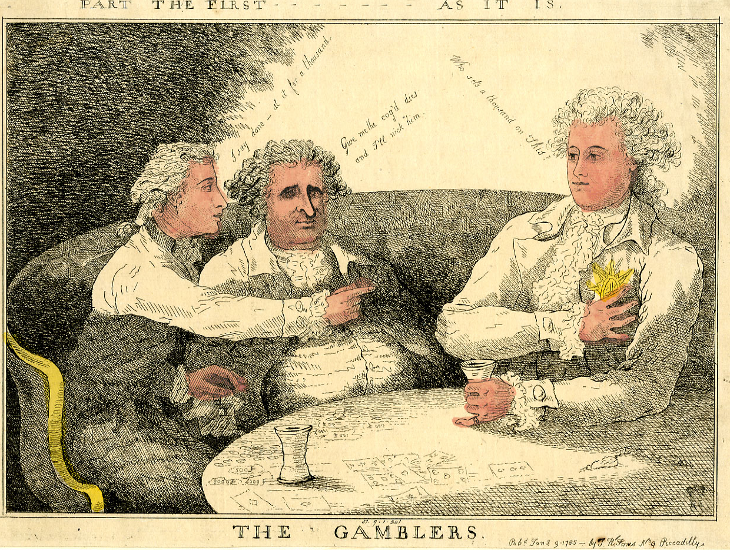 S. W. Fores, ‘The Gamblers’ (R. B. Sheridan, Charles James Fox and the Prince of Wales), 1785, © The Trustees of the British Museum, 1851,0901.241. 