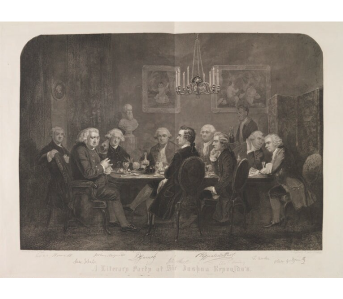 D. George Thompson published by Owen Bailey, stipple and line engraving, 'A literary party at Sir Joshua Reynolds's', © National Portrait Gallery. NPG D14518, 1851.