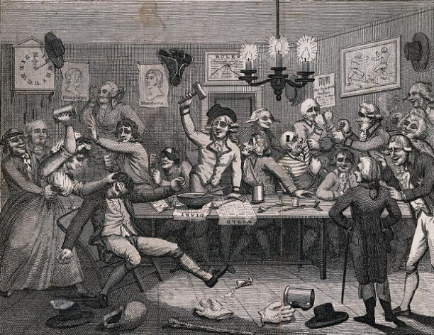 (After) Samuel Collings, 'People in a boxing club having a fist-fight: the chairman in the middle holds up a gavel, and a woman hits a man over the head with a tankard', Wellcome Collection, 32405i, 1789.