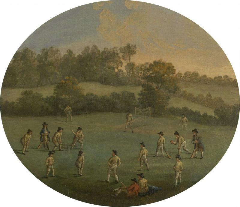 After Francis Hayman, 'A Game of Cricket (The Royal Academy Club in Marylebone Fields, now Regent's Park)', Yale Centre for British Art, Paul Mellon Collection, B2001.2.165, c. 1790-1799.