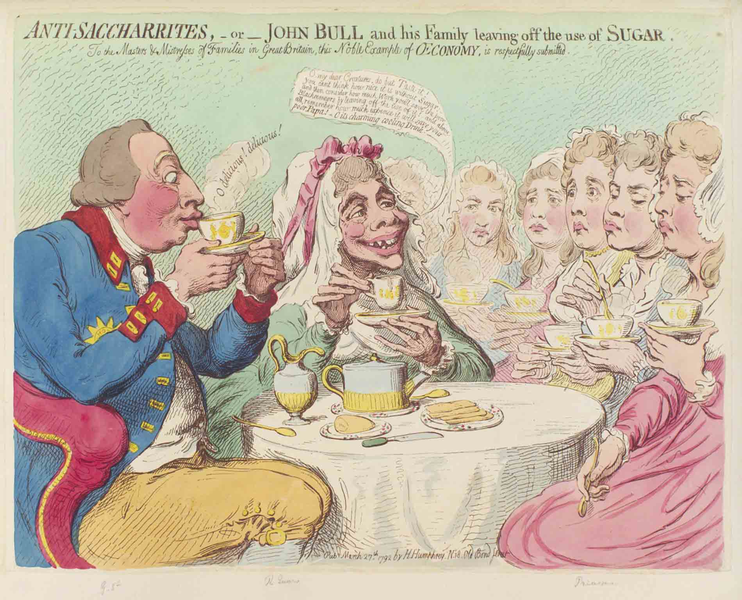 James Gillray, ‘Anti-saccharites, -or- John Bull and his family leaving off the use of sugar’, British Museum Satires, Catalogue of Political and Personal Satires in the Department of Prints and Drawings, 8074, 1792. 