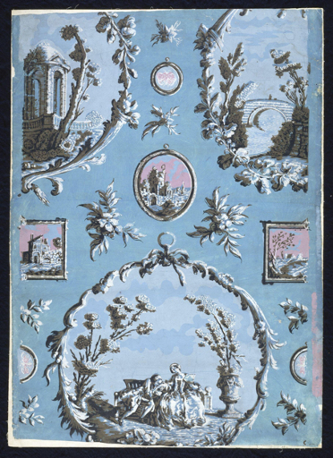 ‘Imitation ‘Print Room’ wallpaper, hung in Doddington Hall, Lincolnshire, , England, colour woodblock print on paper’, © Victoria and Albert Museum, London, Museum no. E.747.1914., about 1760.